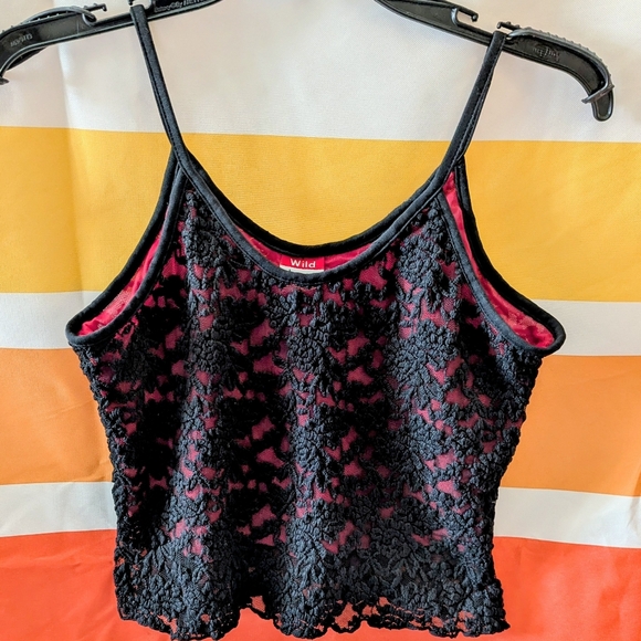 Vintage Y2K Lace Cami Tank Top Black Crimson Red Whimsigoth Witchy Goth Floral L - Picture 1 of 9